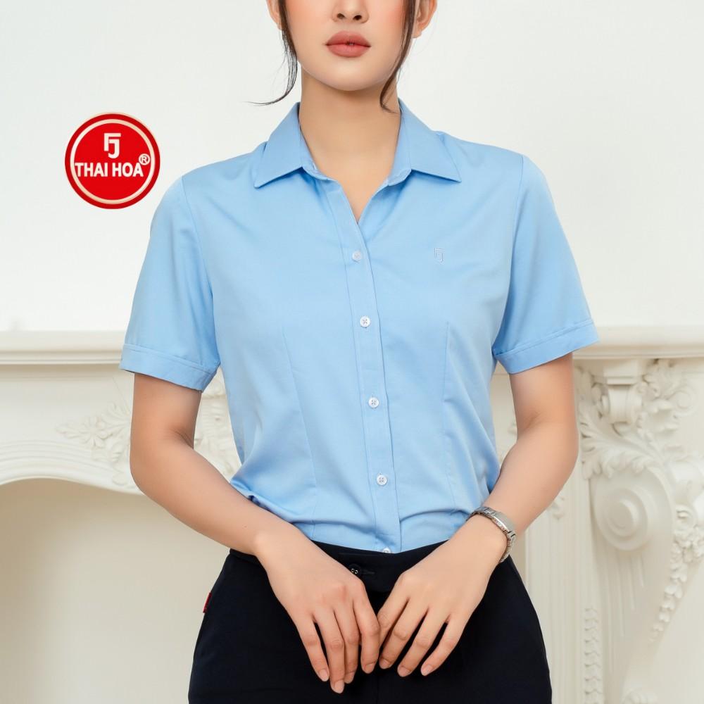 Áo sơ mi vải sợi tre thoáng mát màu xanh dương Sơ mi thời trang Thái Hòa N8919-03-01