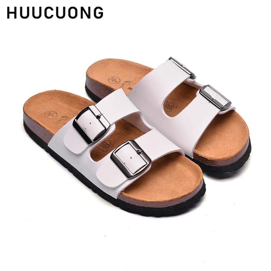 Dép nữ HuuCuong 2 khóa trắng đế trấu handmade