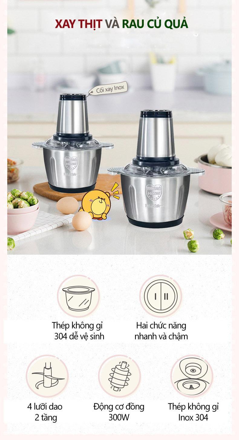 Máy Xay Inox Đa Năng 300W Dung Tích 3 Lít, Máy Xay Thịt Bằng Điện, Máy Xay Đa Chức Năng, Máy Xay Tỏi Ớt, Cắt Rau Củ Quả