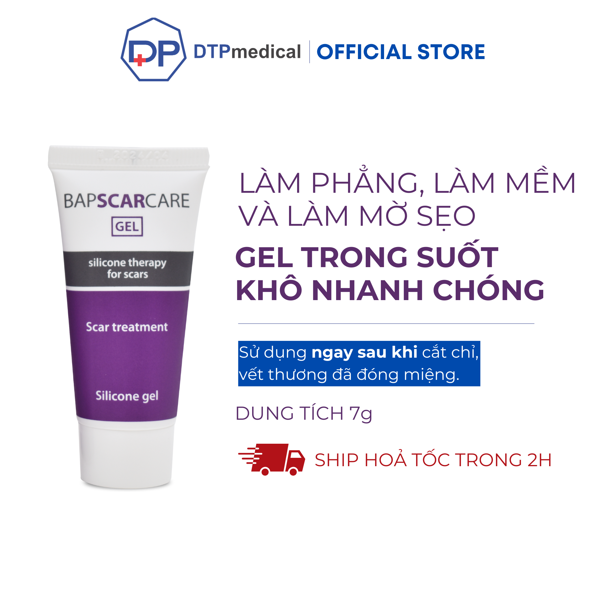 Gel Silicone Bapscarcare trị sẹo lồi, sẹo phì đại, sẹo mổ sau khi phẫu thuật, Gel Bapscarcare làm phẳng, làm mềm và mờ sẹo lâu năm hiệu quả (Tuýp 7g)