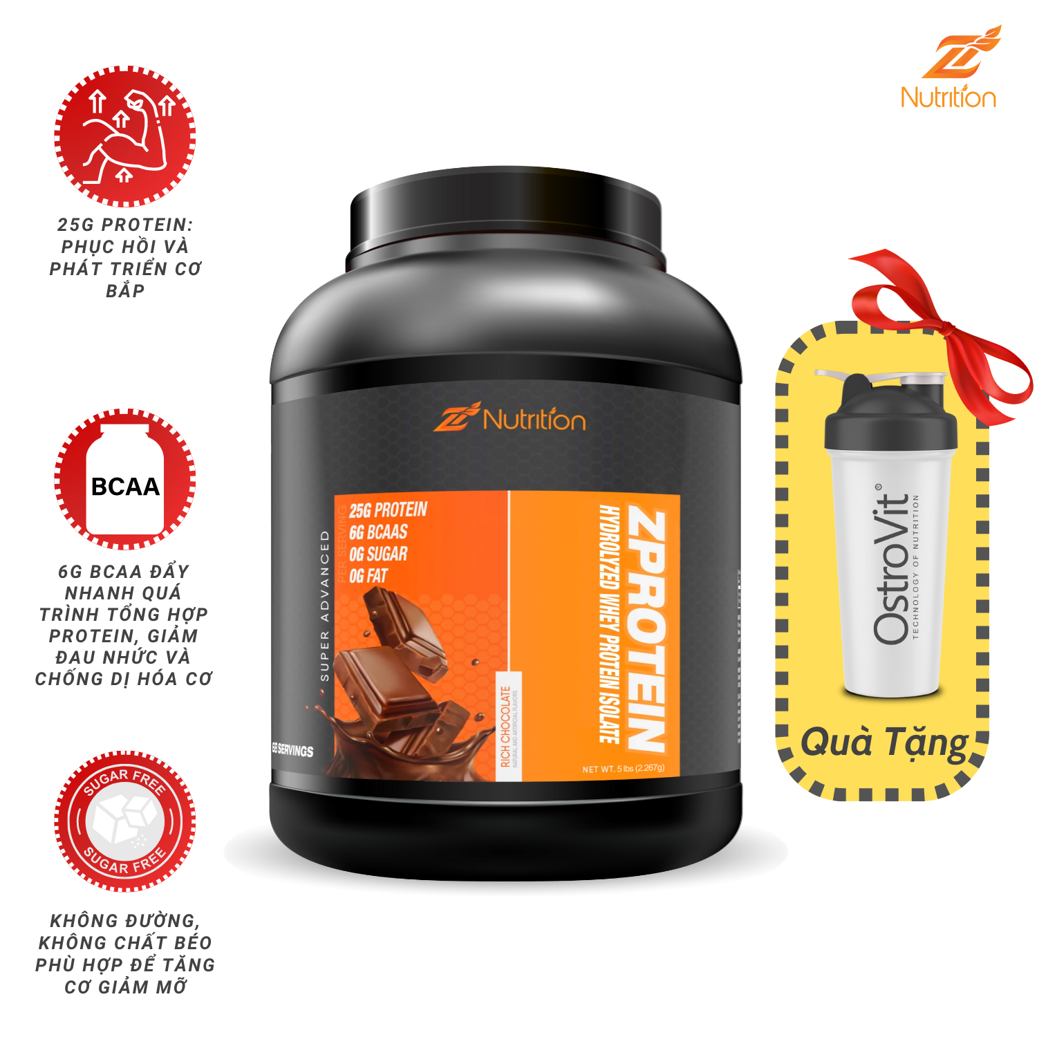 ZNutrition Zprotein Hydrolyzed Protein Isolate 5lbs (71 lần dùng + Tặng Bình Lắc Ngẫu Nhiên) - Sữa Whey Hydrolyzed Tăng Cơ Bắp Nhanh