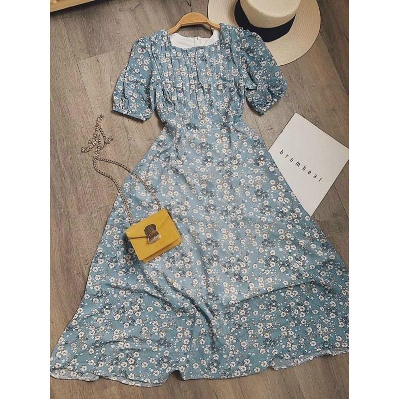 Đầm maxi hoa xanh ngực xếp li tay bo hàng loại 1