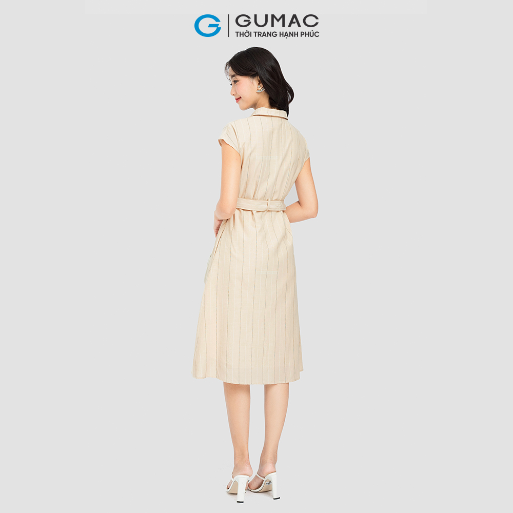 Đầm form suông tay liền GUMAC DC08067 cổ sơ mi 2 lớp vải sọc màu màu be xanh
