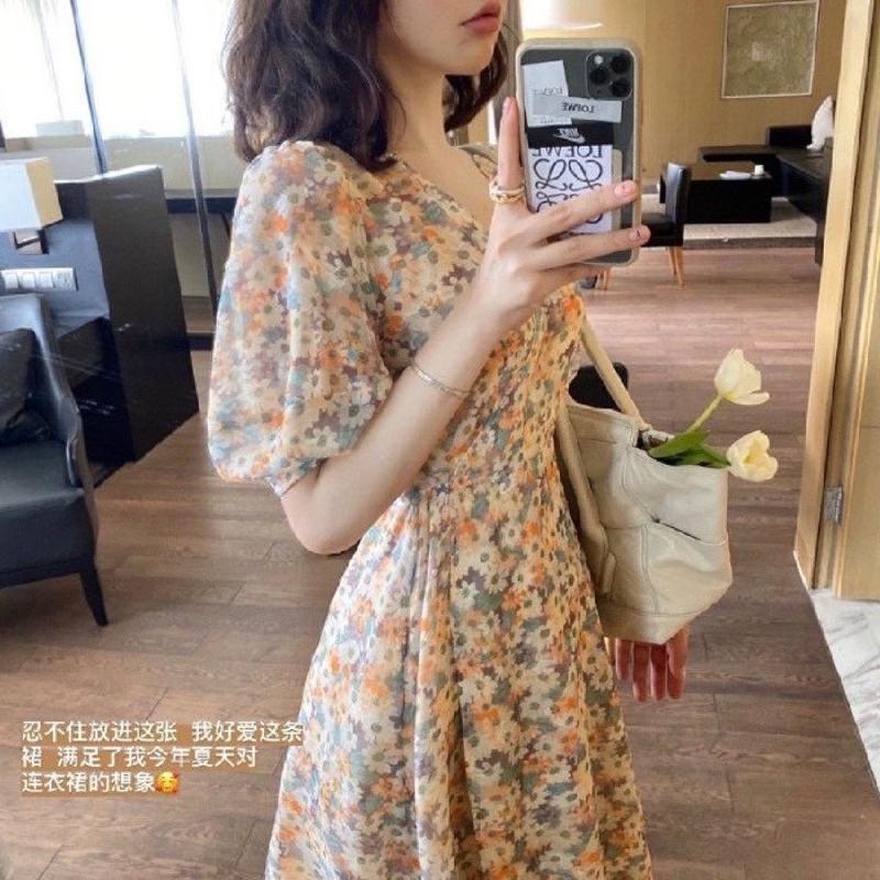 Váy Hoa Nhí Cổ V, Đầm Hoa Nữ Tay Bèo Dáng Dài Váy Vintage, Váy hoa maxi