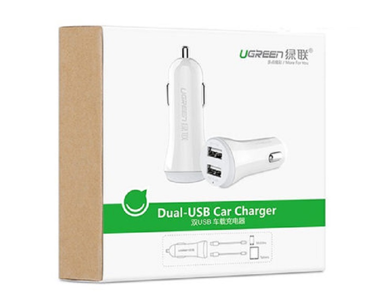 Cốc sạc dạng tẩu trên ô tô 2 cổng USB (5V-1A và 5V-2.4A) UGREEN CD114 20393 (màu trắng) - Hàng Chính Hãng