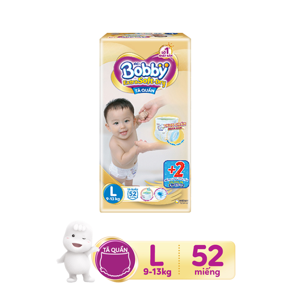 [Tặng kèm 2 miếng trong gói] Combo 2 Tã quần Bobby Extra Soft Dry L52 dành cho bé 9 - 13kg