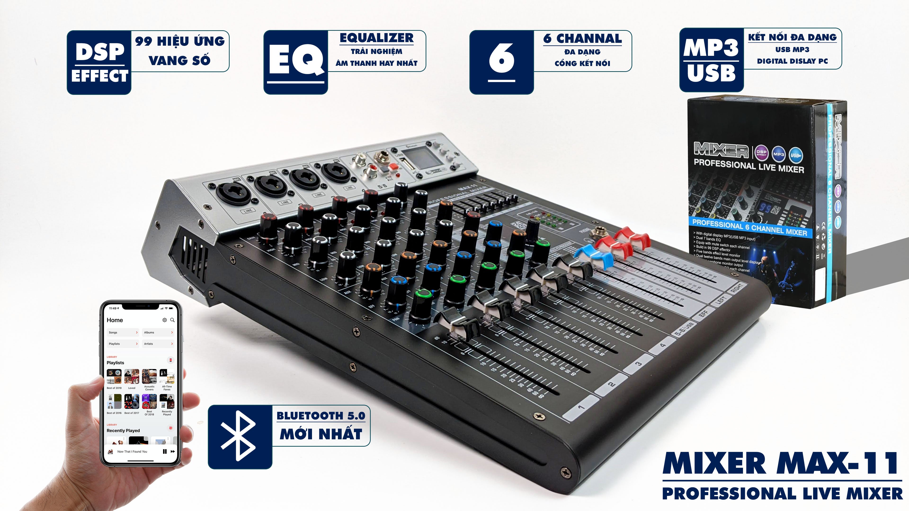 Combo thu âm, livestream Micro Max 87-Pro-II 2022, Mixer Max 11 - Kèm full phụ kiện kẹp micro, màng lọc, tai nghe, dây canon, dây livestream, giá đỡ ĐT - Hỗ trợ thu âm, karaoke online chuyên nghiệp - Hàng nhập khẩu