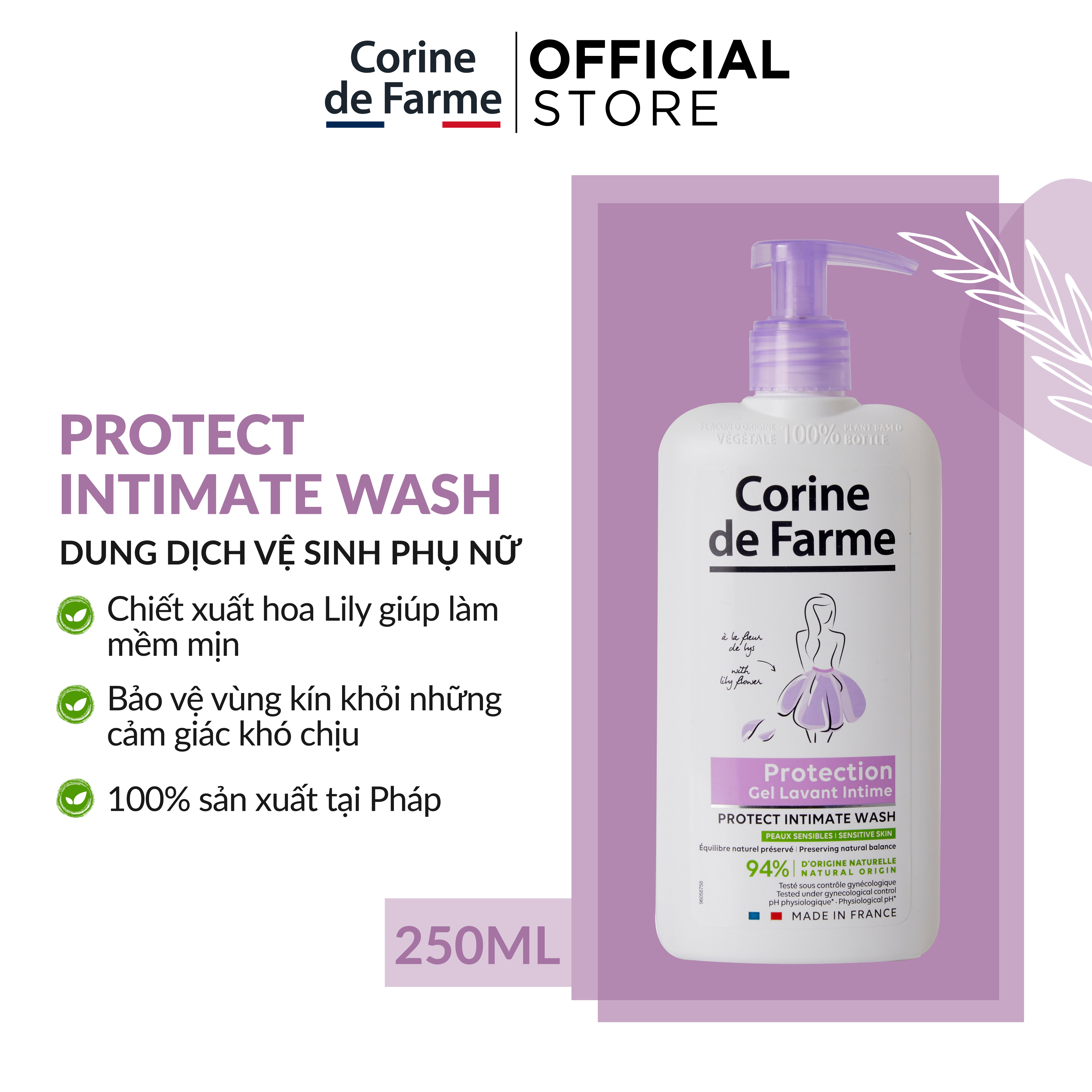 Gel Vệ Sinh Phụ Nữ Corine de Farme Protect Intimate Wash 250ml