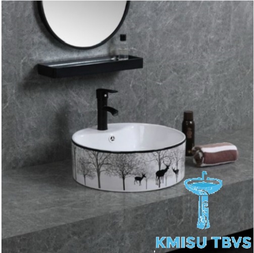 Chậu Lavabo, chậu rửa mặt đặt bàn đá, chậu labo  hình tròn 3 con hươu . Kmisu thiết bị vệ sinh