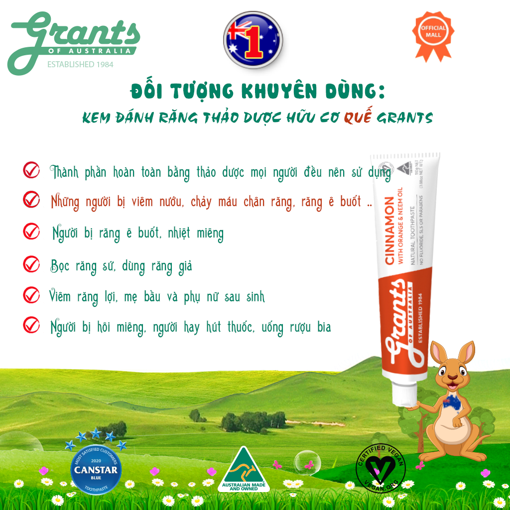 Kem đánh răng thảo dược hữu cơ quế Grants 110g - Bộ 3 tuýp - Tinh dầu quế cùng với các loại thảo dược giúp làm dịu nướu, kháng viêm, làm cho hơi thở thơm mát