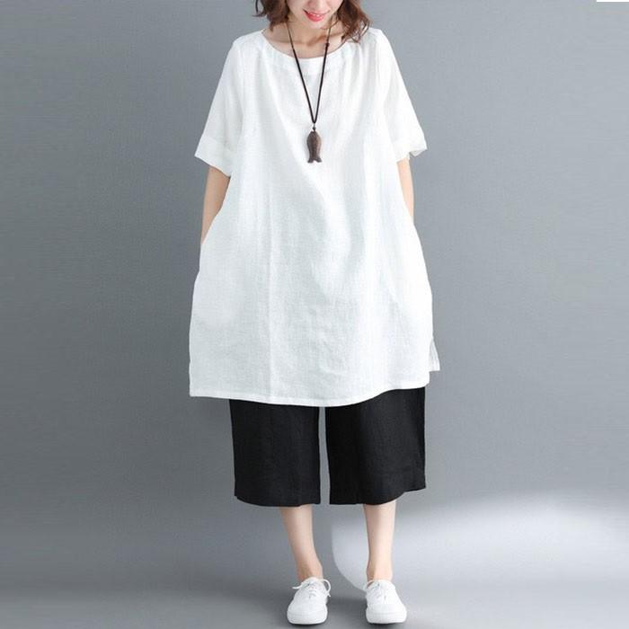 Đầm suông linen cổ tròn tay lỡ Basic, thời trang hè thu 2021