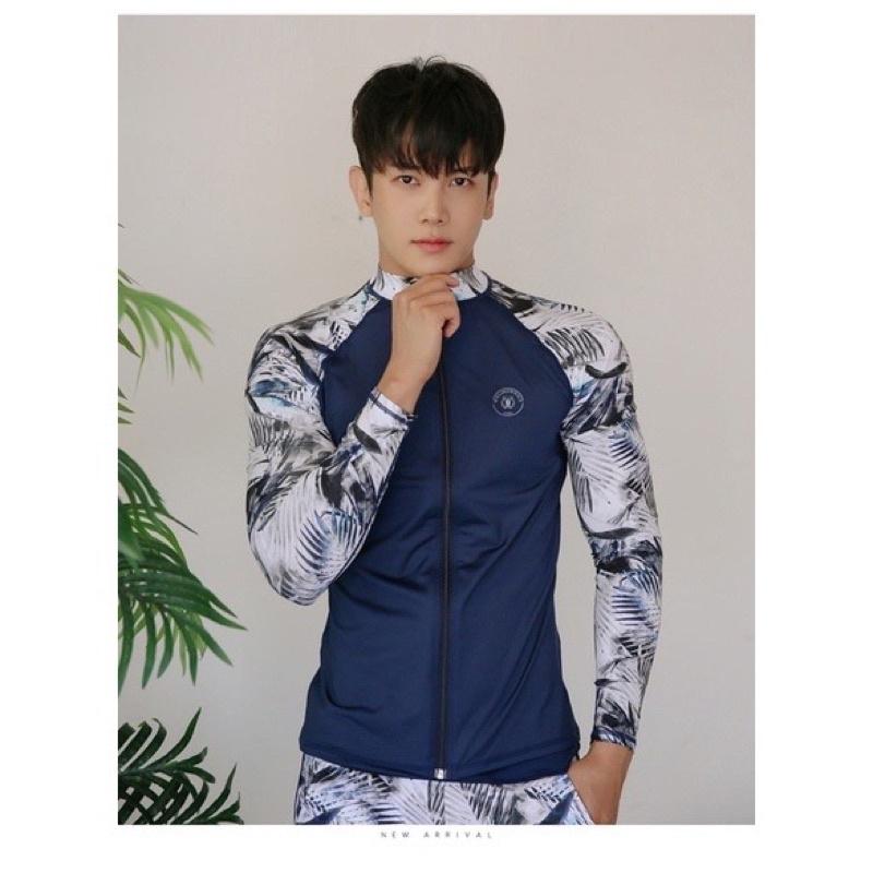 Set đồ bơi dài tay quần đùi nam nữ khoá kéo ICELAKE XANH THAN TAY LÁ TRẮNG trẻ trung