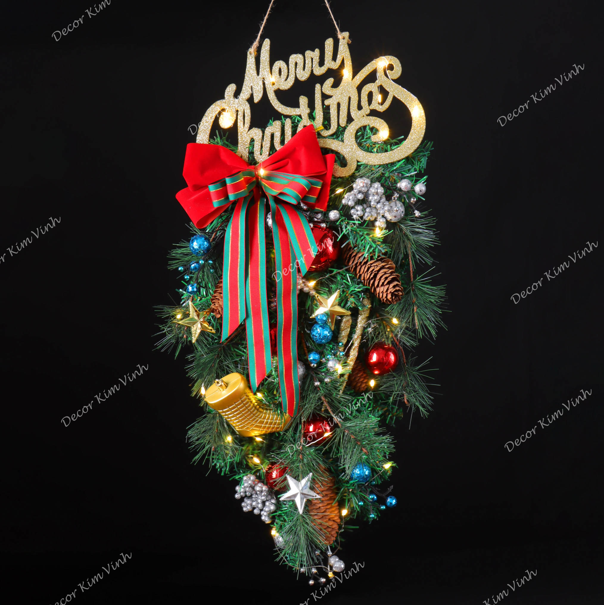 Dây Treo Chùm Thông CT08 Chùm Thông Merry Nơ Sọc Đỏ Trang Trí Noel Kèm đèn