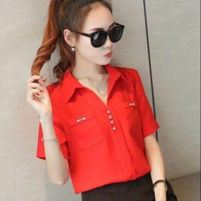 Áo sơ mi đỏ tay con phối 2 túi trước