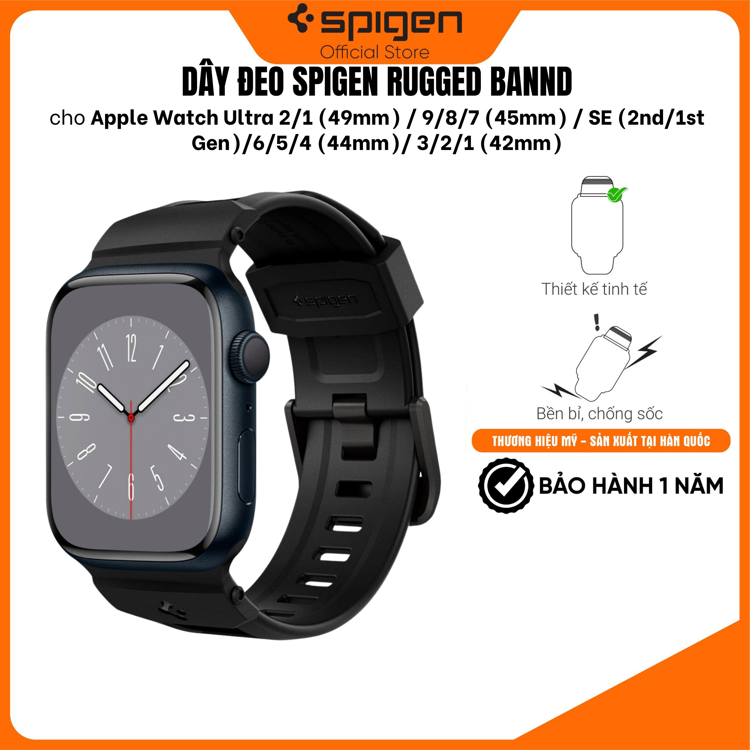 Dây đeo cao cấp Spigen Band Rugged Band cho Apple Watch Ultra 2/1 (49mm/45mm/44mm/42mm) – Thiết kế tinh tế, dẻo dai, Hàng chính hãng