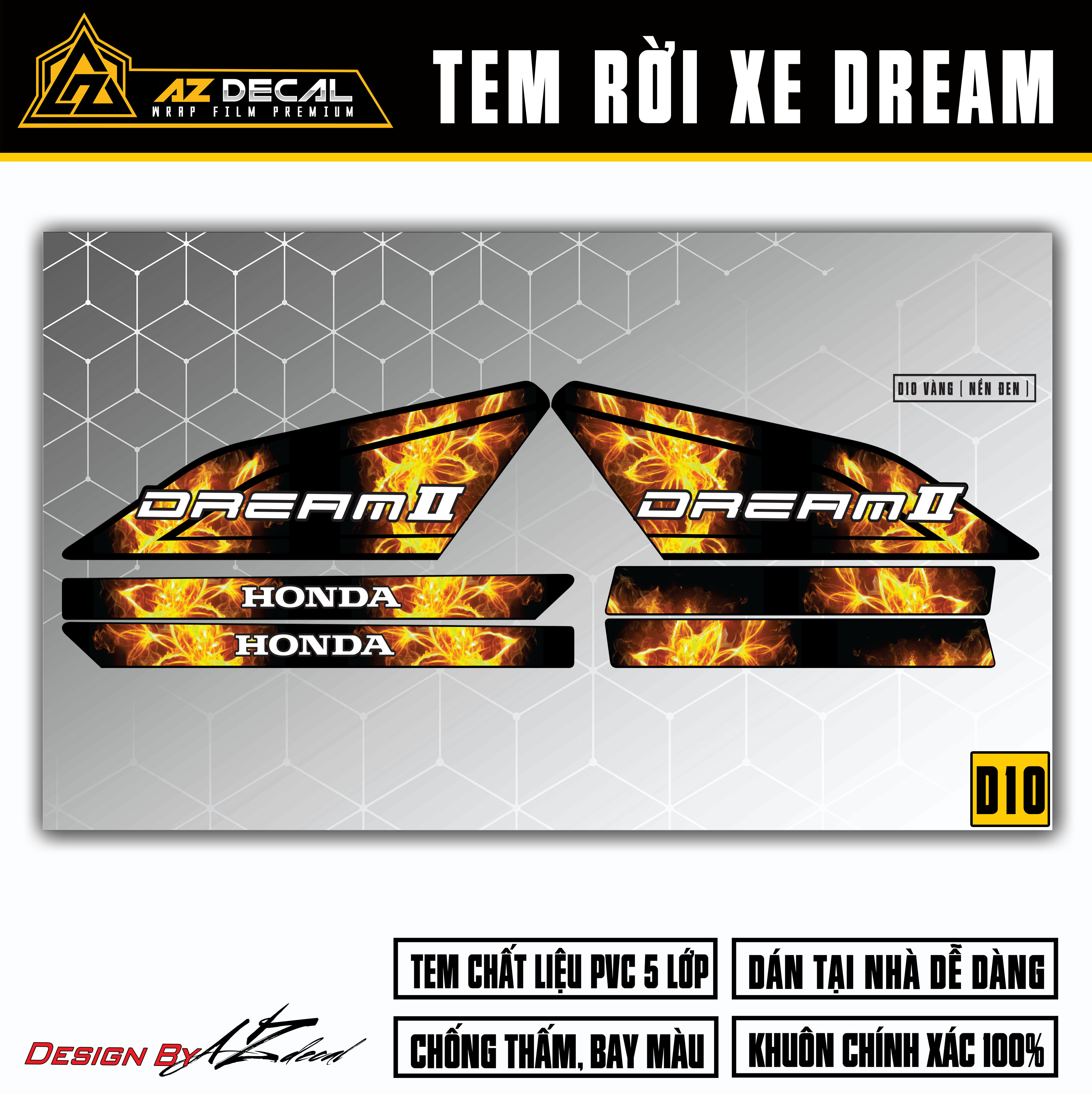 Tem Rời Dán Xe Dream Việt &amp; Thái Mẫu Hoa Lửa | D10 | Decal Chế Xe Cao Cấp Dán Dream Chống Nước, Bền Màu