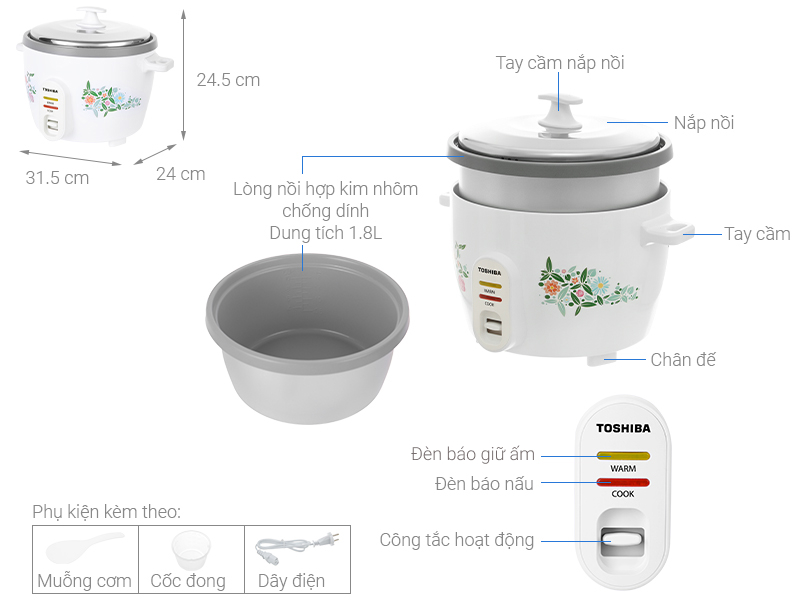 Nồi cơm điện Toshiba RC-18MH1PV(F) - 1.8 Lít - Nắp rời bằng thép không gỉ - Lòng nồi chống dính - Hàng chính hãng