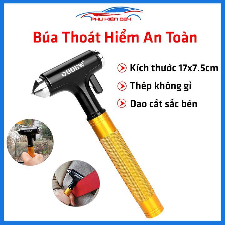 Búa thoát hiểm thép không gỉ trắng, vàng đen 17x7.5cm siêu chắc chắn kèm kính thử búa