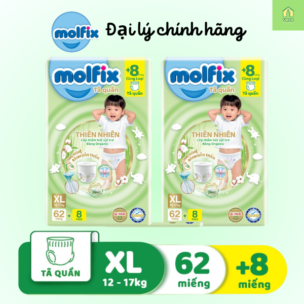 Combo 2 gói tã/bỉm Molfix Thiên Nhiên Super Jumbo size XL62+8 Vaca Baby House