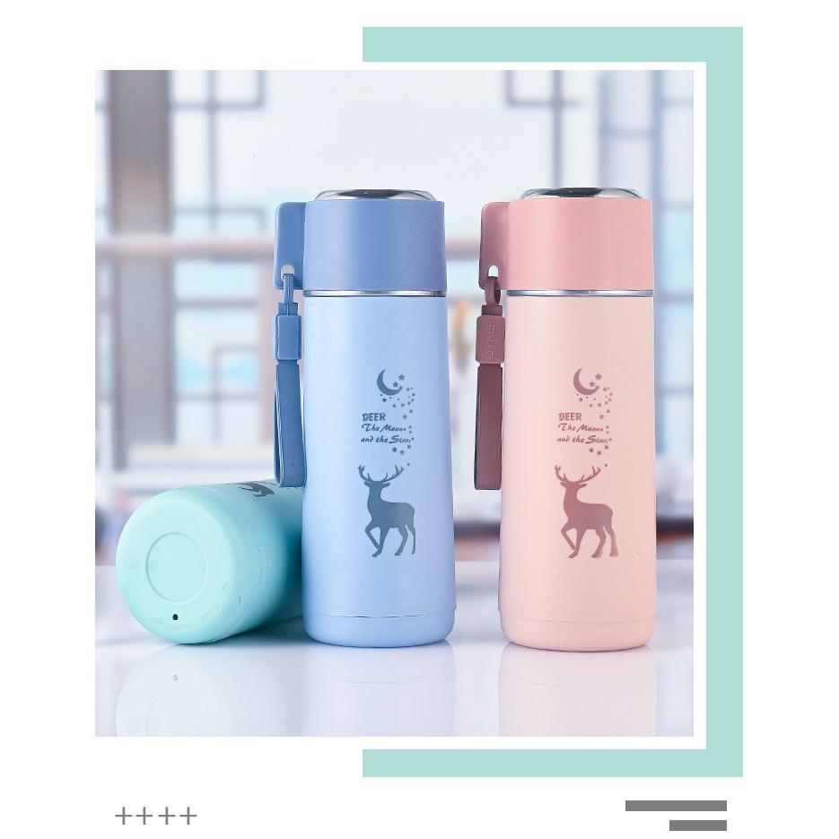 Bình Nước Thủy Tinh Bọc Nhựa 450ml Họa Tiết Huơu Giữ Nhiệt Tốt