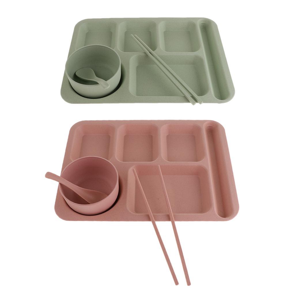 2Pcs Food Storage Plate Container Divided Serving Tray w/ Bowl Spoon Chopsticks