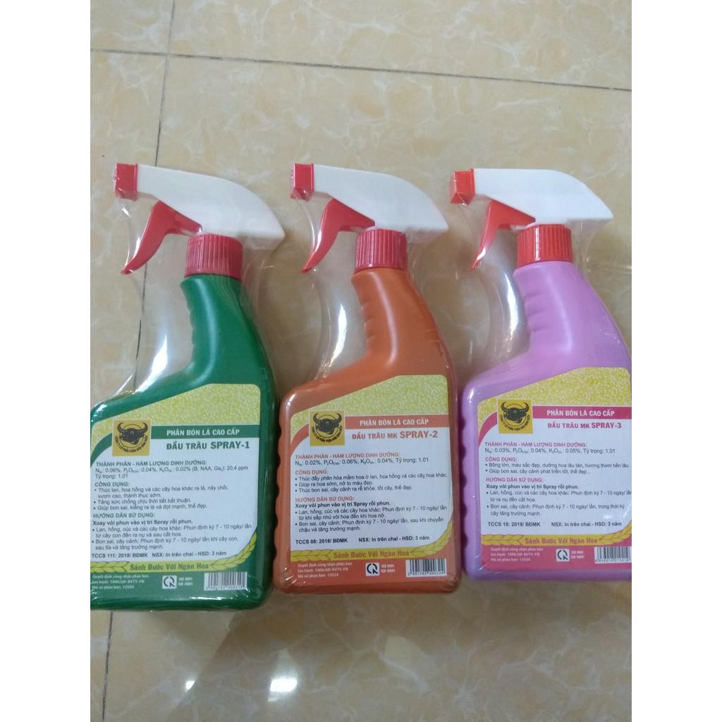 Combo 3 loại đầu trâu spray 1 nảy chồi ra lá, spray 2 kích thích ra hoa, spray 3 dưỡng hoa lâu tàn - 500 ml/chai
