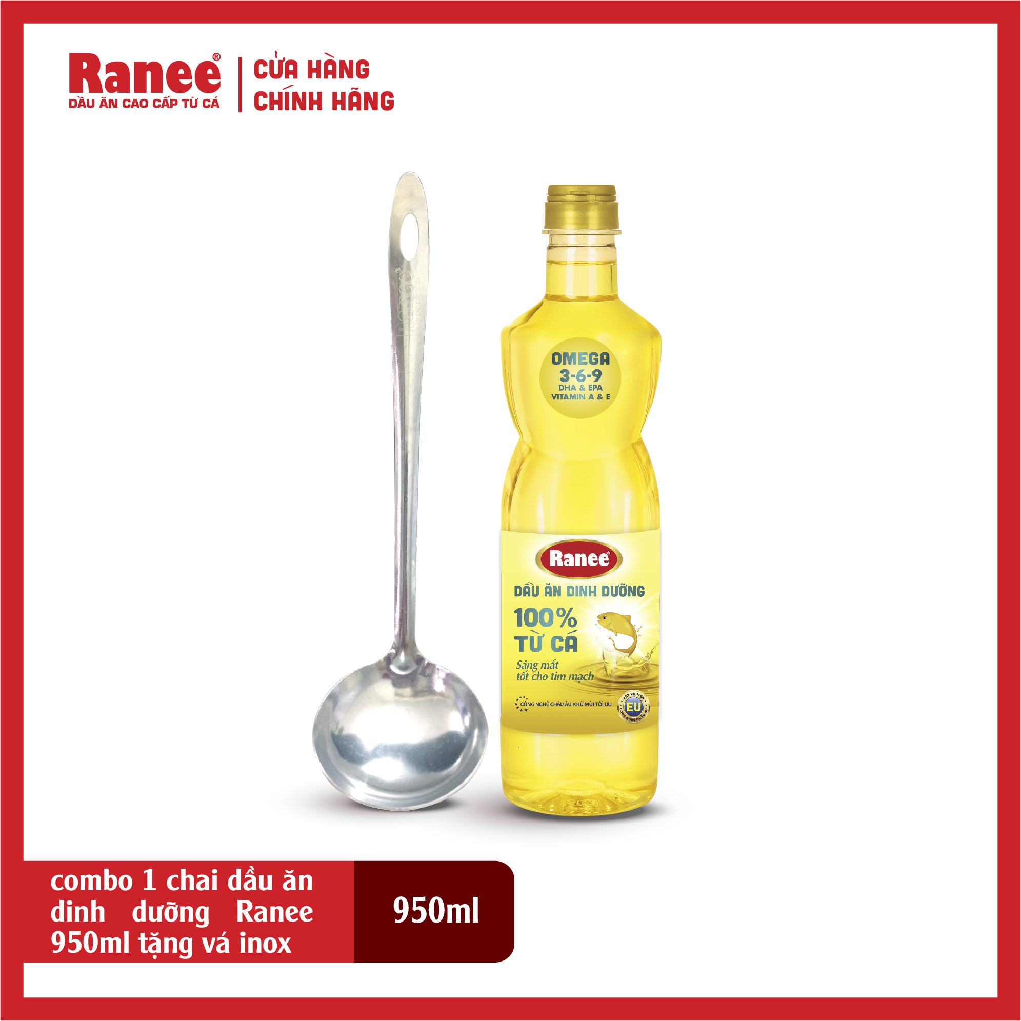 Combo 1 chai dầu ăn dinh dưỡng Ranee 950ml tặng kèm vá inox