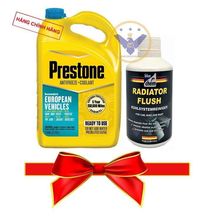 COMBO nước làm mát động cơ xe ô tô màu xanh PRESTONE EUROPEAN 3.78L + Súc Két Nước Bluechem