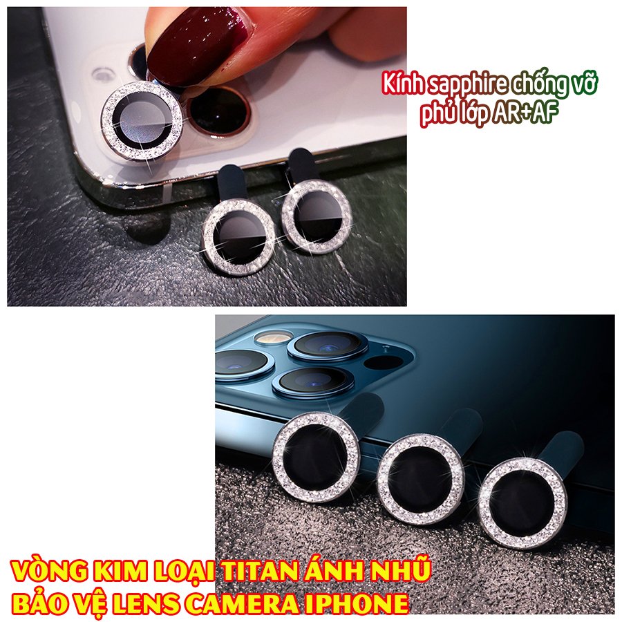 Tặng hộp đựng lens cao cấp - Vòng kim loại titan ánh nhũ bảo vệ lens camera dành cho dòng iphone 11/iphone 12 - Nhũ Gold