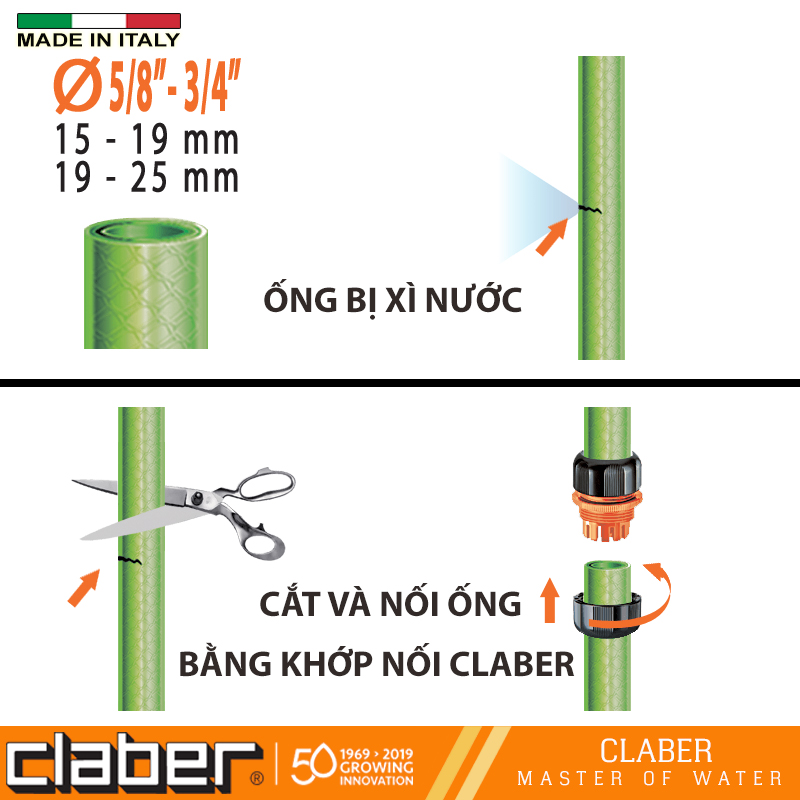 Khớp nối ống nước nhựa đa năng Claber 8620, sản xuất tại Ý, nối ống phi 15-19mm, nhựa ABS