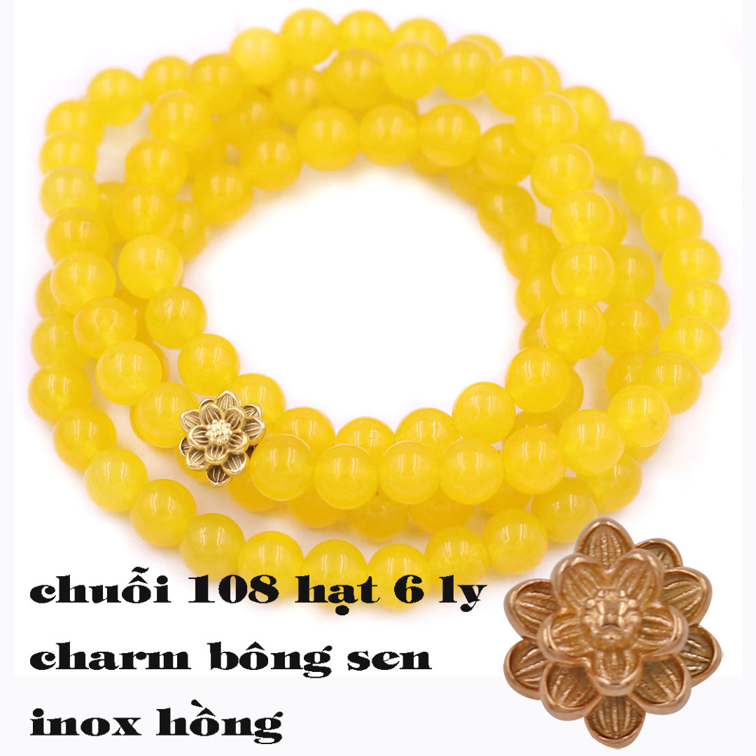 Bộ Vòng Chuỗi, Tràng Hạt 108 Hạt 6 Ly Đá Thạch Anh Vàng Charm Hoa Sen Inox - Tràng Chuỗi Niệm Phật - An Yên - Thịnh Vượng - May Mắn - Tài Lộc - Bình An