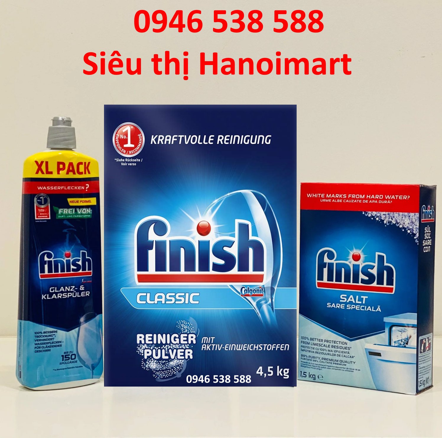 Combo bột rửa bát finish 4,5kg + muối rửa bát Finish 1,5kg + Nước làm bóng finish 750ml