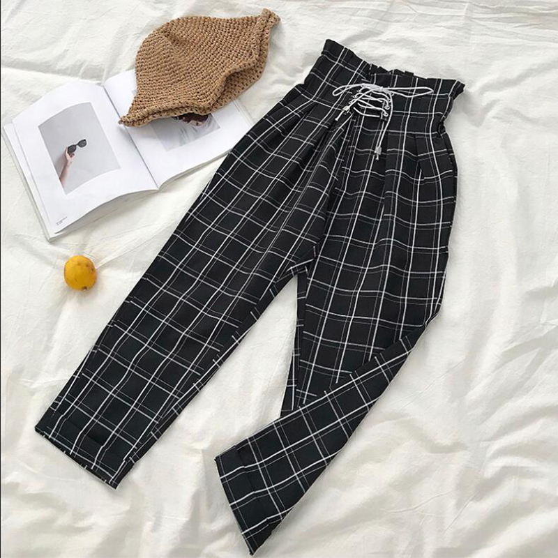 Hàng Quảng Châu - Quần baggy caro ullzang eo đan dây siêu xinh - QV11170