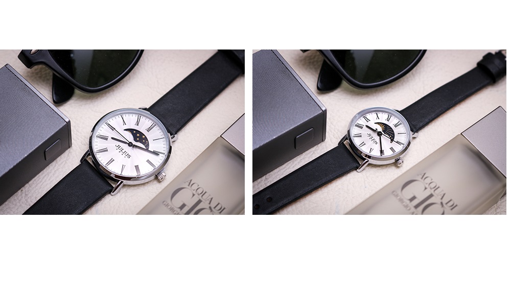 Đồng hồ đôi cặp dây da Julius Ja-1308 (dây đen mặt trắng)