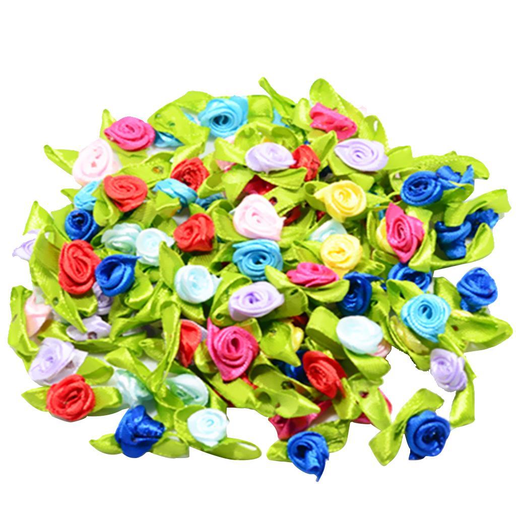 4-6pack 100 Pieces Mini Satin Ribbon Flowers Rose Leaf Decoration Craft DIY