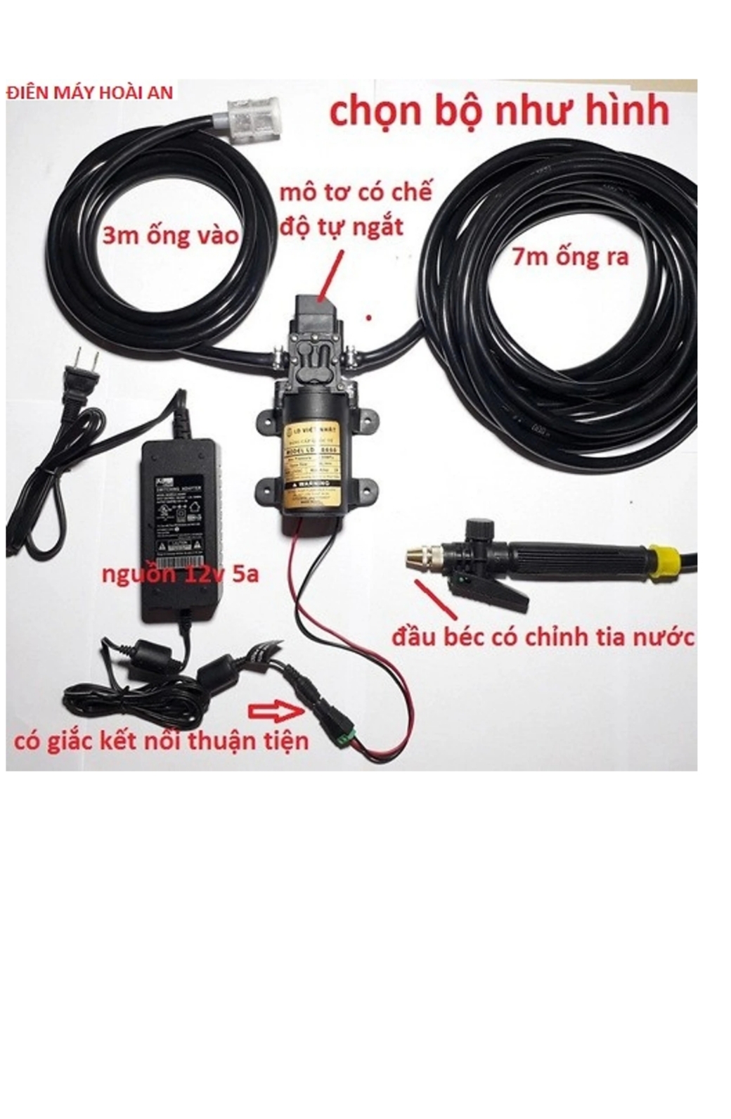 Bộ bơm rửa xe tăng áp 12v kèm nguồn adapter