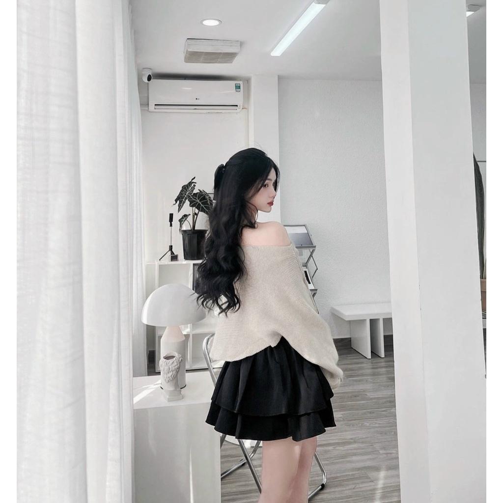 Sét 3 món áo đắp chéo kèm áo crop đen cúp ngực phối chân váy 2 tầng đính cườm