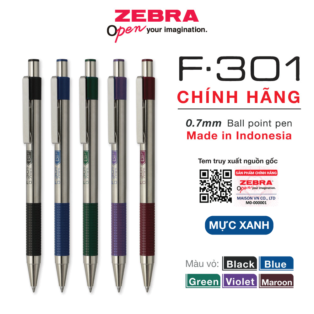 Viết bi bấm kim loại Zebra F301 0.7mm - mực xanh