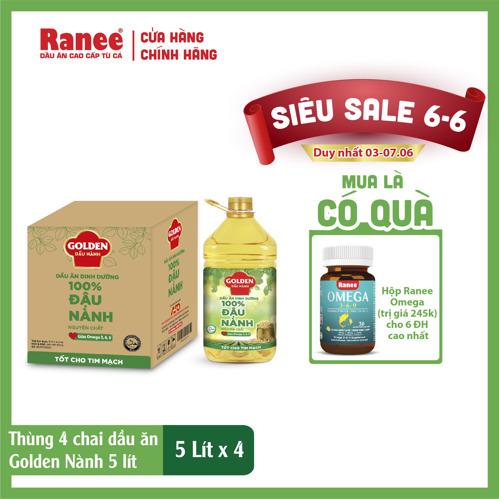 Thùng Dầu Đậu Nành cao cấp Golden 5 lít (5 lít/chai x 4 chai)