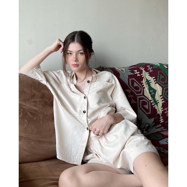 OLALASTUDIO Set áo sơmi tay ngắn quần đùi có túi Devina linen