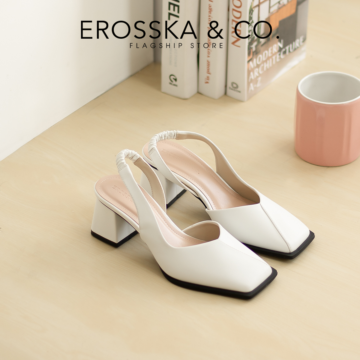 Erosska - Giày cao gót nữ mũi vuông dây quai mảnh nhún sau cao 6cm - EL027