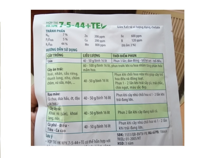 5 GÓI HỢP TRÍ HK NPK 7-5-44+TE 250G RA HOA SỚM TO TRÁI - CHẮC HẠT