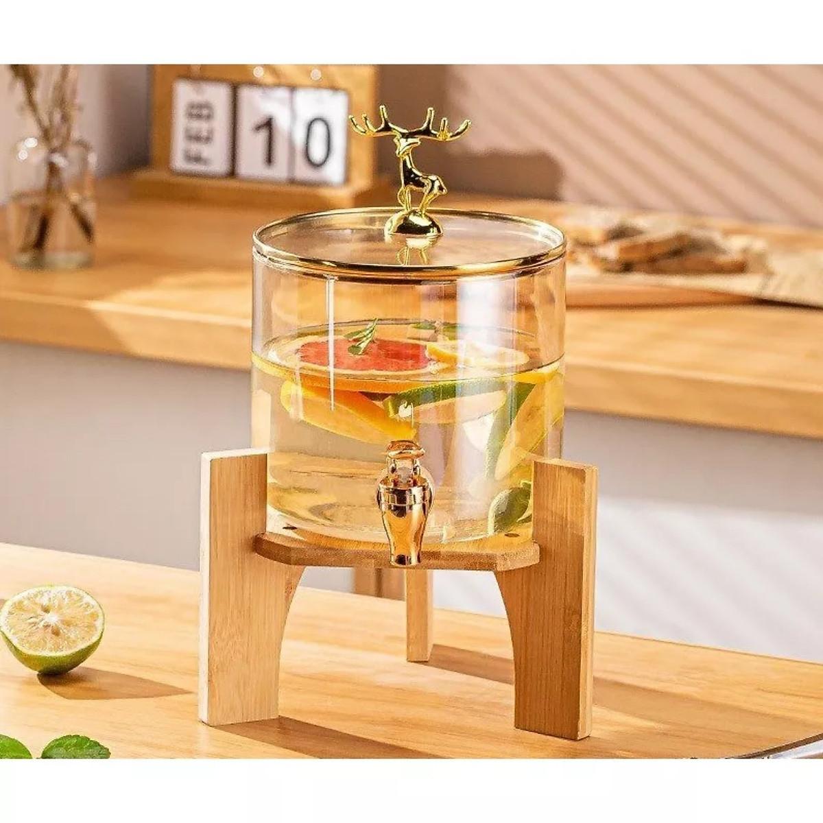 Bình Trà, Bình Đựng Nước Thủy Tinh Stiker 2.5L và 3.5L Có Vòi, Có Nắp Đậy + Tặng Kèm Kệ Gỗ - Bình Pha trà, Nước Trái Cây