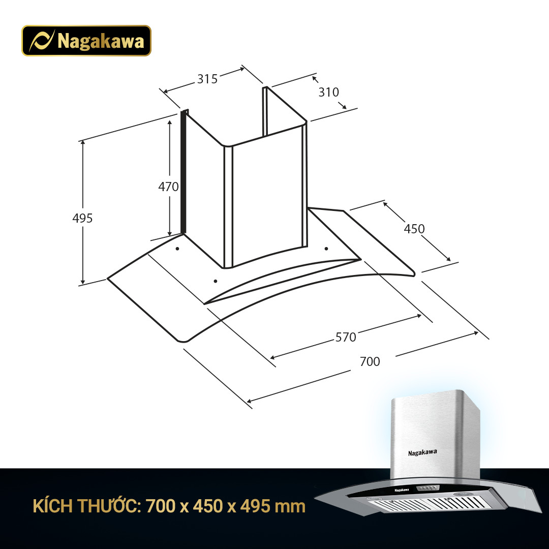 Máy Hút Mùi Than Hoạt Tính Cỡ Lớn Nagakawa NAG1857-70Cm - Bộ Lọc 5 Lớp Inox - Hàng Chính Hãng