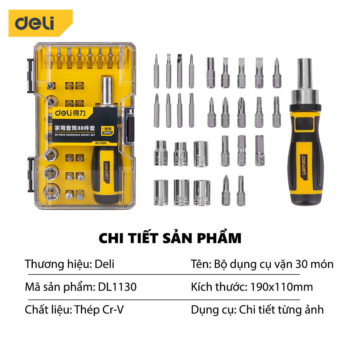 Bộ Tua Vít Deli Cao Cấp 30 Chi Tiết Đa Năng Vặn Ốc Vít, Bu Lông - Phù Hợp Sửa Chữa Vật Dụng, Xe Máy - DL1130