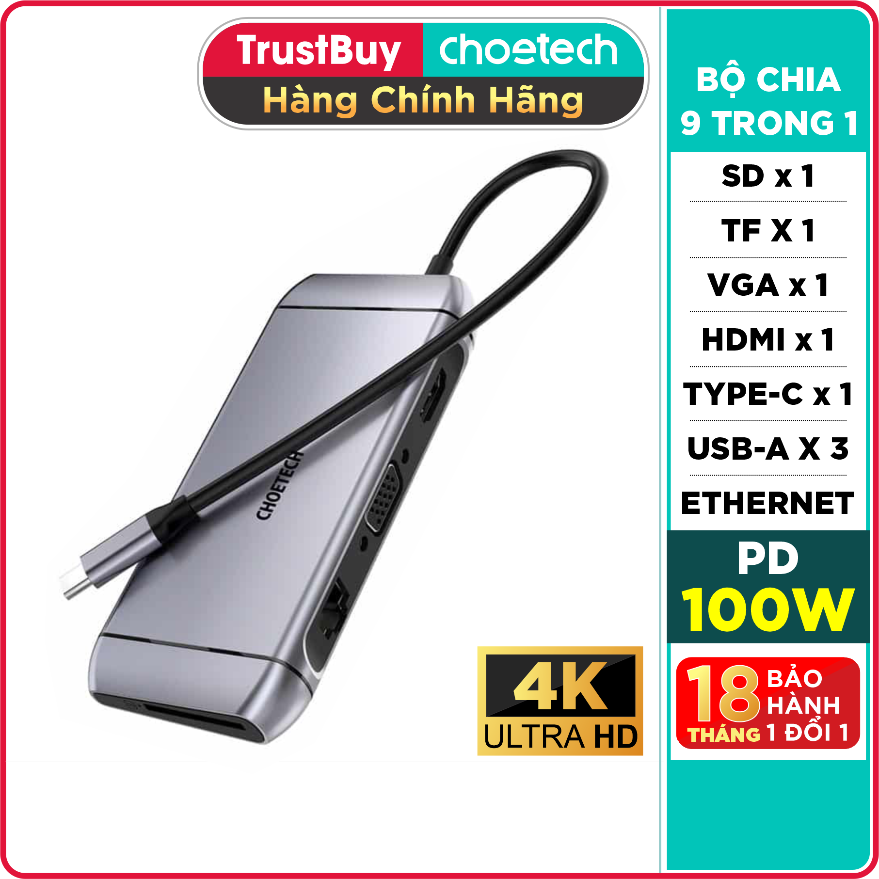 HUB Type C To HDMI 4K/ PD 100W/ USB 3.0/ Rj45 Ethernet/ VGA/ TF/ SD CHOETECH HUB-M15 Tương Thích Thunderbolt 3 - Hàng Chính Hãng