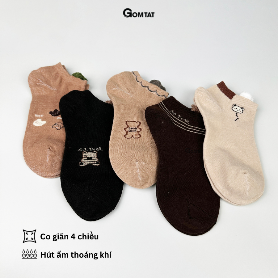 Set 5 đôi tất vớ nữ cổ ngắn GOMTAT mẫu gấu vintage, chất liệu cotton mềm mại thoáng mát cực êm chân - LISU33-GAUNGAN
