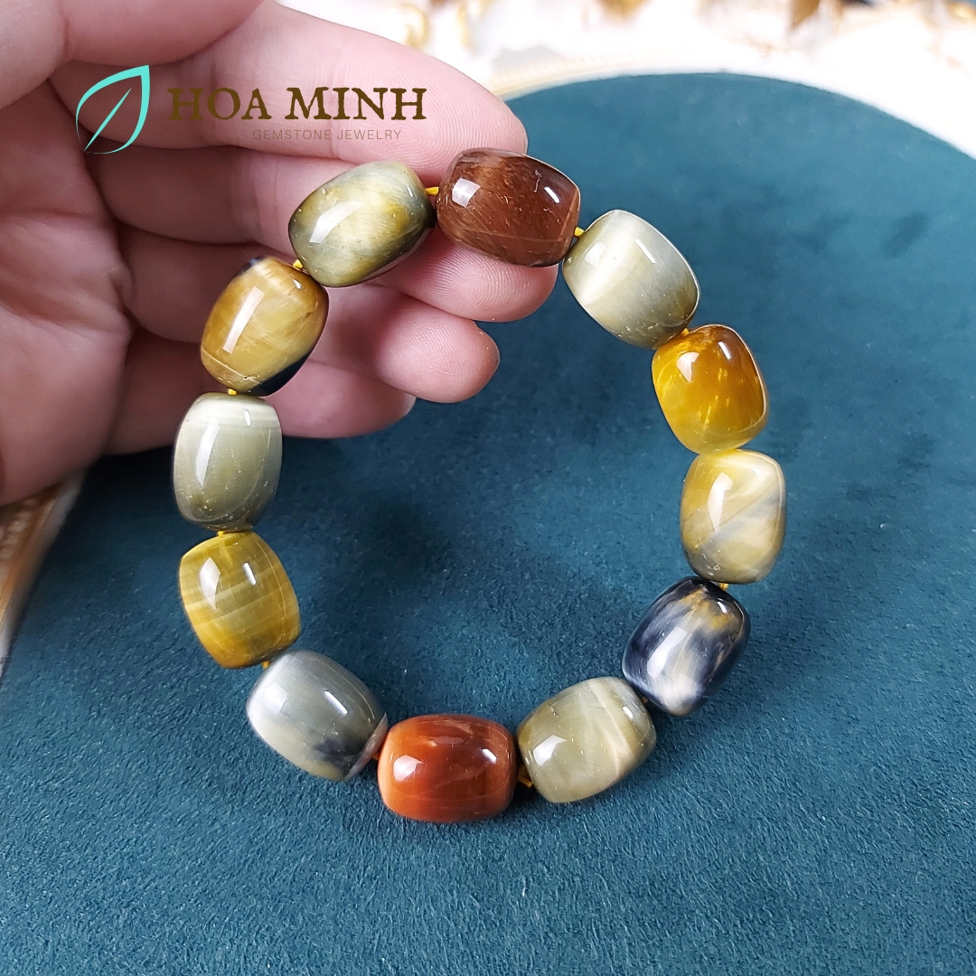Vòng tay đá Mắt Hổ tam tài VIP thiên nhiên kiểu lu thống size 12x16mm phong thủy tài lộc