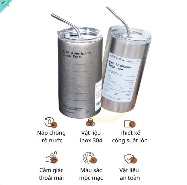 Bình Giữ Nhiệt Iced Americano Bằng Inox 304 Không Gỉ Có Ống Hút .Cốc Giữ Nhiệt Cafe