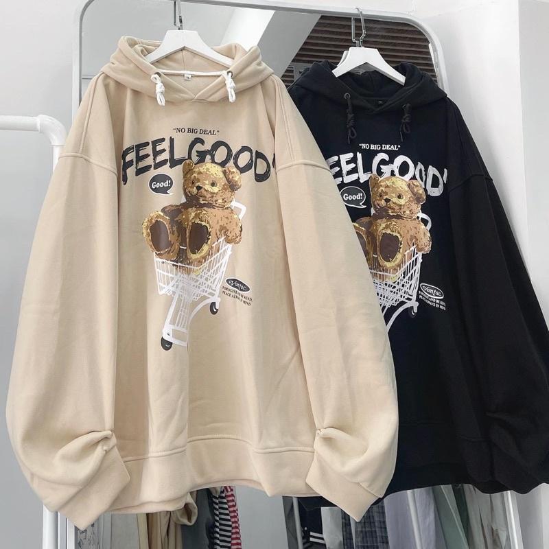 Áo Hoodie Nỉ Bông Unisex GẤU màu ĐEN/TAN Nam nữ unisex Áo Khoác Hoodie form rộng-NHUH2O